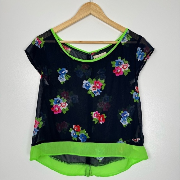 Hollister Womens Sheer Floral Blouse Small Navy Neon Green Crop Button Back - Picture 1 of 10